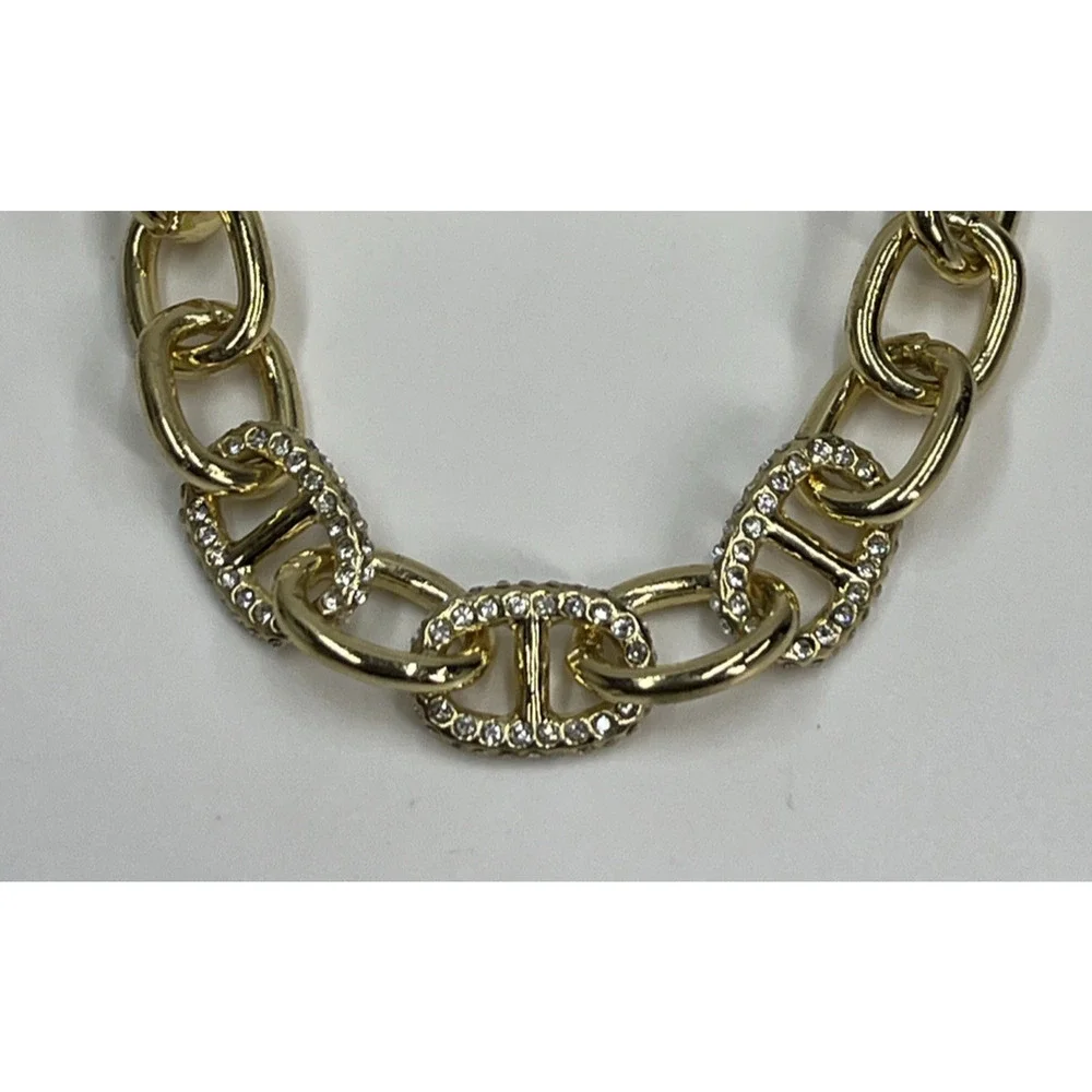 J Crew Chain Link Bracelet Gold Tone Pave Crystal Accent Adjustable Chunky Luxe